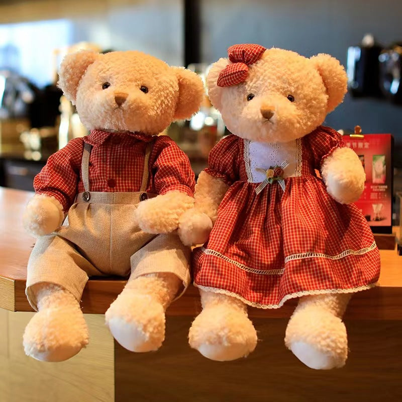 Wedding Dress - Red Plaid Wedding Gift Couple Teddy Bear Plush Toy Doll Magnet Bear