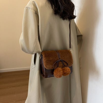 Brown autumn and winter furry niche popular bag autumn and winter new style 2024 versatile plush small square bag fashionable shoulder crossbody bag