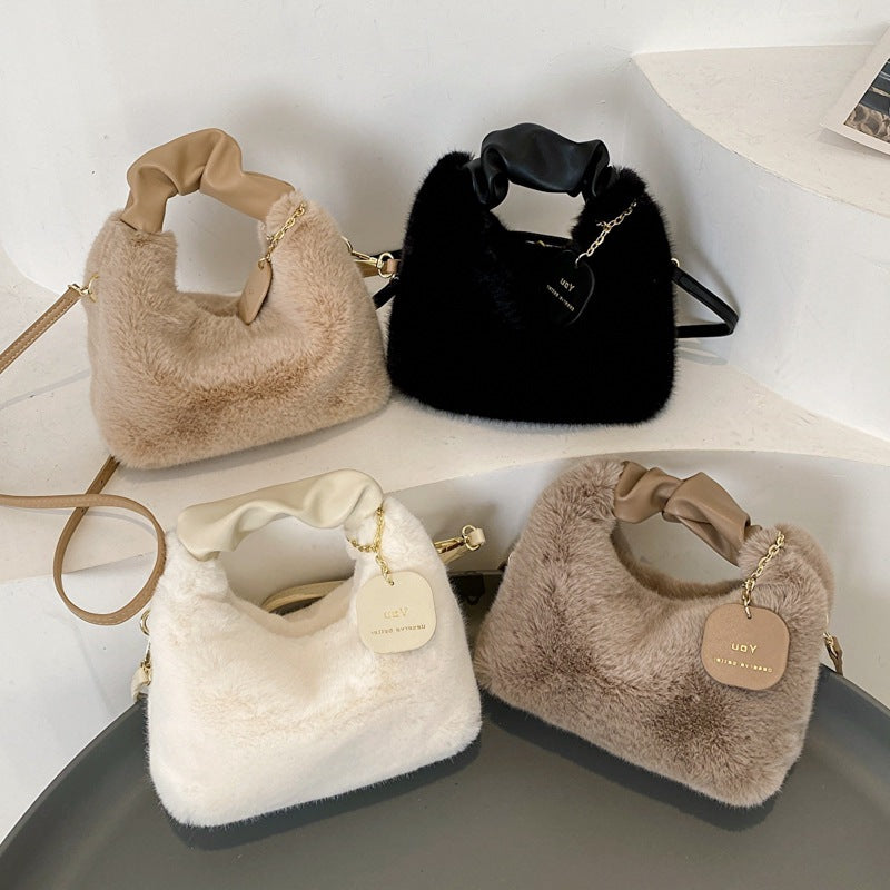 16 CM / 6 inch Off-White - New Plush Texture 2024 Trendy Personalized Large Capacity Fashionable Winter Furry Crossbody Shoulder Hand Carrying Women's Bag