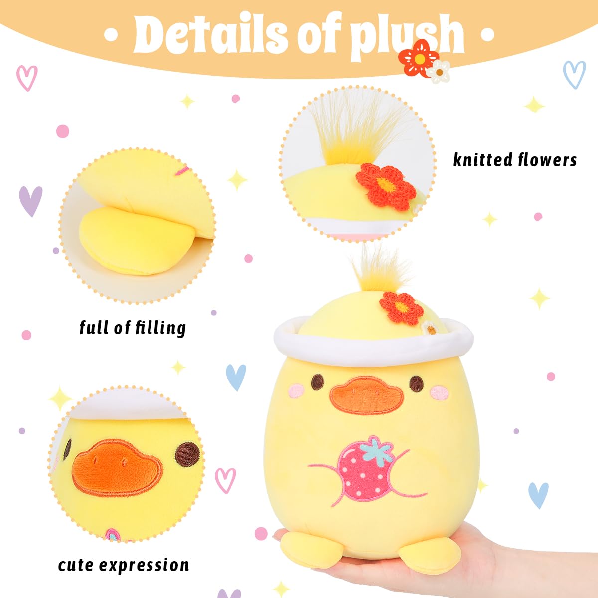 20 CM / 8 inch Cute Yellow Duck Plush Pillow Duckling Stuffed Animal, Soft Kawaii Duck Plush Hat Clothing Children's Gift