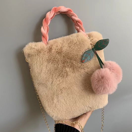 Light Khaki - Plush Cherry Bag Women's Handbag Handbag Cute Cherry Jewelry Shoulder Crossbody Chain Bucket Bag