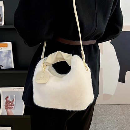 16 CM / 6 inch Off-White - New Plush Texture 2024 Trendy Personalized Large Capacity Fashionable Winter Furry Crossbody Shoulder Hand Carrying Women's Bag