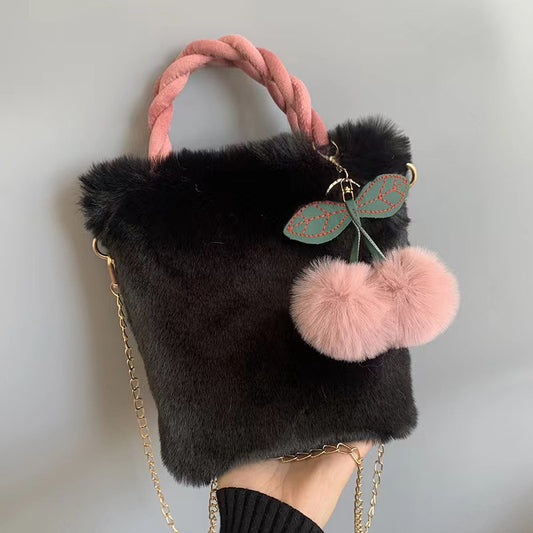 Black - Plush Cherry Bag Women's Handbag Handbag Cute Cherry Jewelry Shoulder Crossbody Chain Bucket Bag