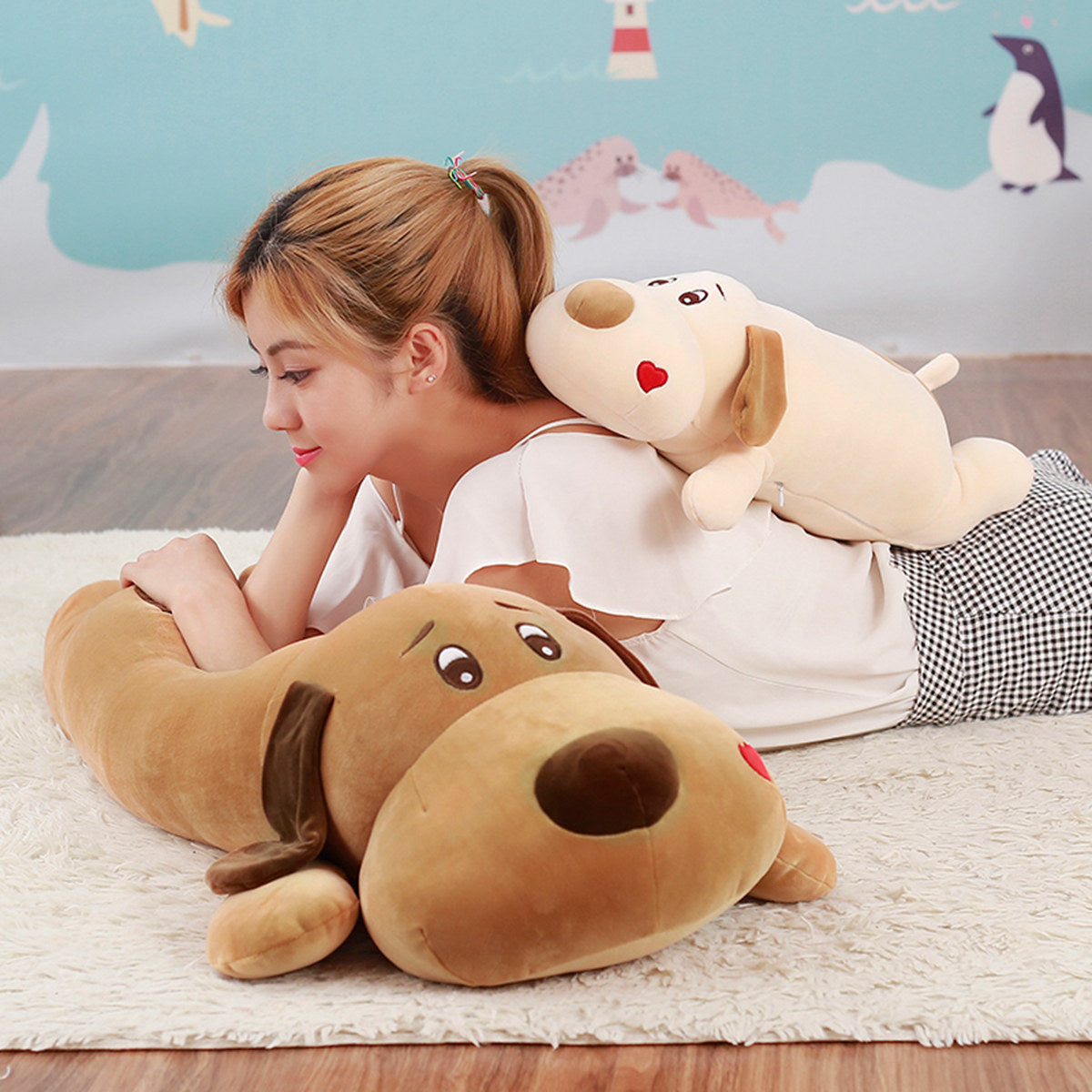 Cute and Soft Stuffed Animals Heart Lying Dog Pillow - Aixini Toys
