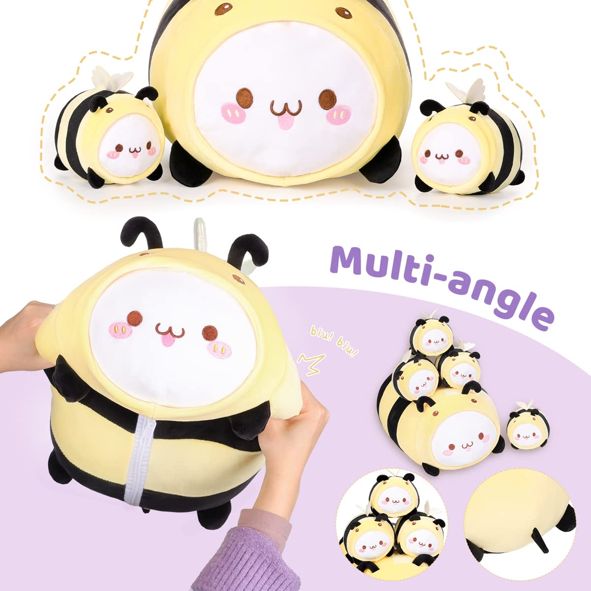 Cute Bee Mother Stuffed Animal and 4 Baby Bees Plush, Super Soft Cartoon Hug Toy Gift Bedding, Kids Sleeping Kawaii Pillow