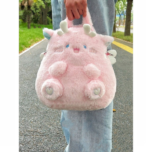 Large Squatting Dragon Backpack (Pink) - Super Cute Pink Squatting Dragon Small School Bag Plush Cartoon Large Capacity Japanese Ins Cute Fat Dragon Backpack