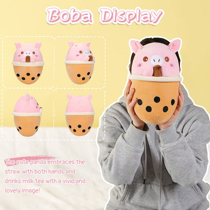 25 CM / 10 inch Cute Pig Boba Plush Stuffed Soft Animal Bubble Tea Pillow, Super Soft Cartoon Hug Toy Bedding Gift, Children's Sleeping Kawaii Pillow