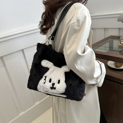 Black - Cute Plush Rabbit Tote Bag 2024 Popular New Shoulder Bag Fashionable and Versatile Niche Korean Style Women's Bag