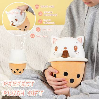 25 CM / 10 inch Cute Cat Boba Plush Stuffed Animal Bubble Tea Pillow, Super Soft Cartoon Hug Toy Bedding Gift, Children's Sleeping Kawaii Pillow