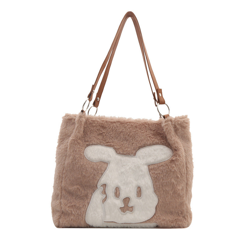 Khaki - Cute Plush Rabbit Tote Bag 2024 Popular New Shoulder Bag Fashionable and Versatile Niche Korean Style Women's Bag