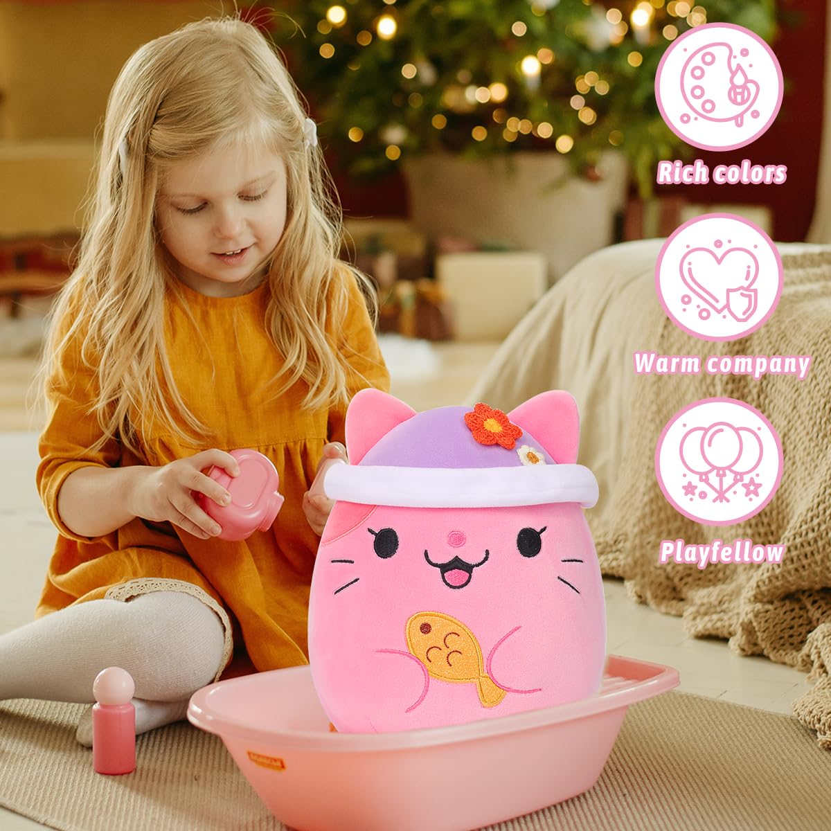 20 CM / 8 inch Cute Pink Cat Plush Pillow Kitten Stuffed Animal, Soft Kawaii Cat Plush Hat Clothing Kids Gift