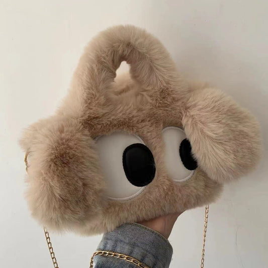 Brown big-eyed dog 2024 winter new plush cartoon portable one-shoulder cross-body Internet celebrity hot bag