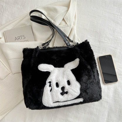 Black - Cute Plush Rabbit Tote Bag 2024 Popular New Shoulder Bag Fashionable and Versatile Niche Korean Style Women's Bag