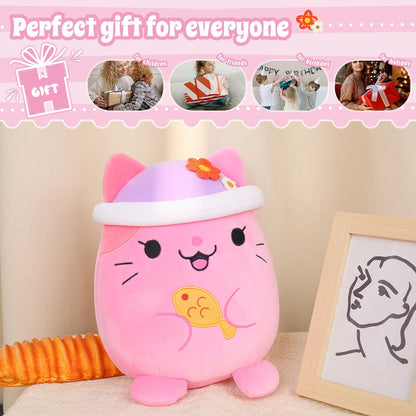 20 CM / 8 inch Cute Pink Cat Plush Pillow Kitten Stuffed Animal, Soft Kawaii Cat Plush Hat Clothing Kids Gift