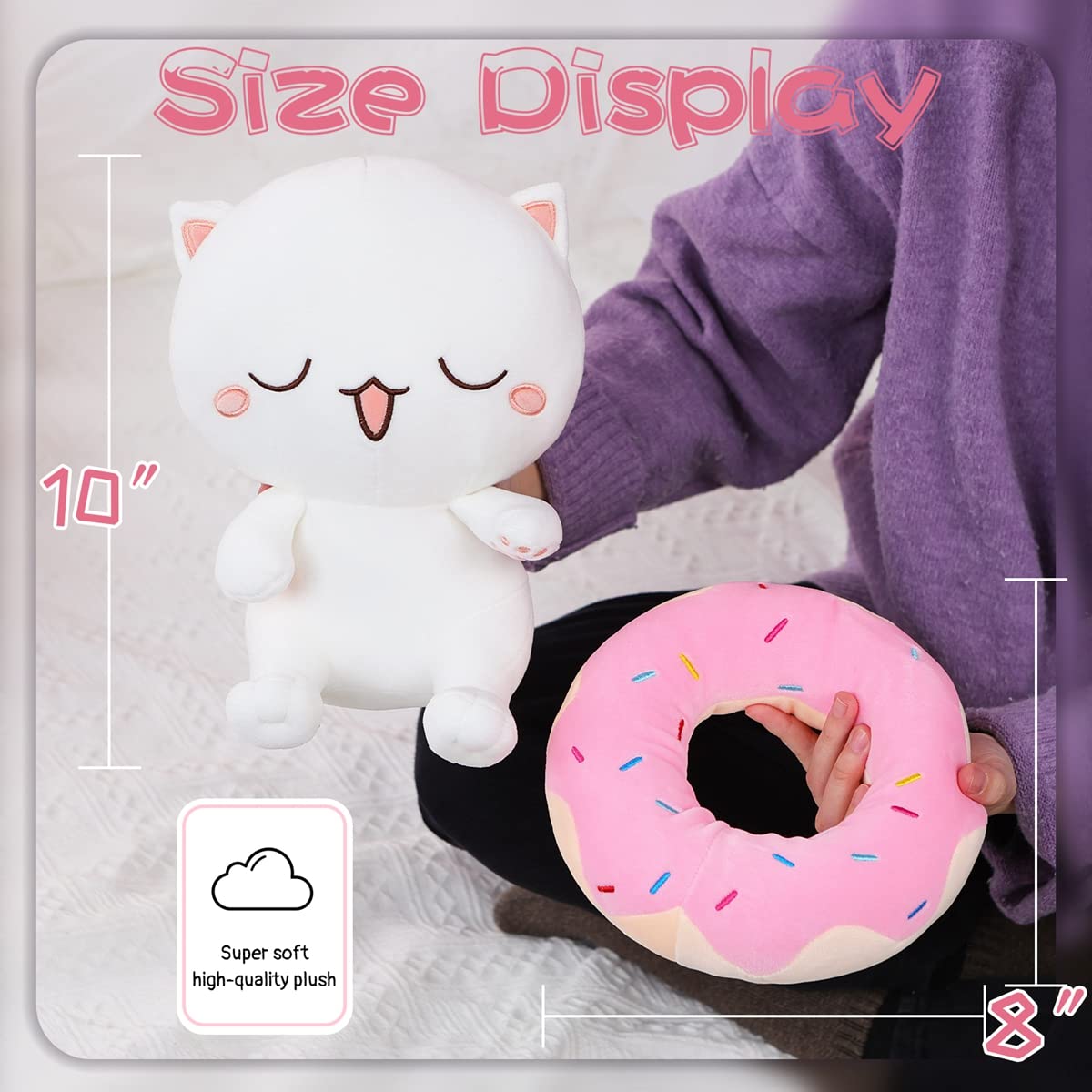 25 CM / 10 inch Cute plush donut cat stuffed animal, super soft kawaii cat white closed eyes kitten plush toy