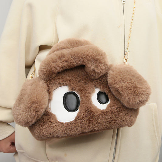 Khaki new winter ins style plush bag women's cute big-eyed puppy tote bag shoulder bag furry crossbody bag