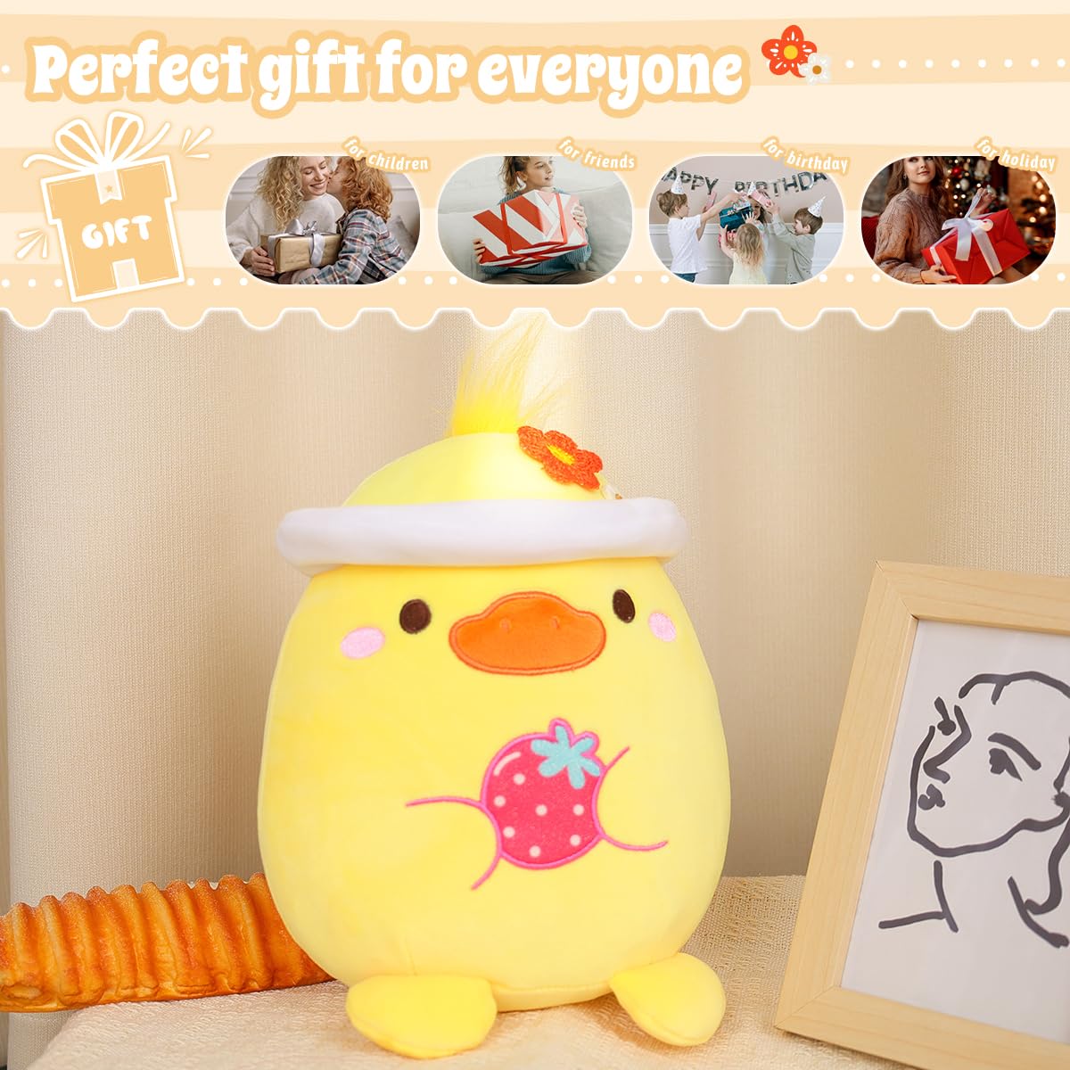 20 CM / 8 inch Cute Yellow Duck Plush Pillow Duckling Stuffed Animal, Soft Kawaii Duck Plush Hat Clothing Children's Gift