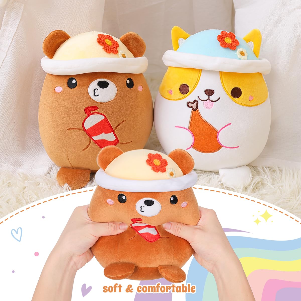 20 CM / 8 inch Cute Brown Bear Plush Pillow Stuffed Animal, Soft Kawaii Bear Plush Toy with Hat Clothing Children's Gift