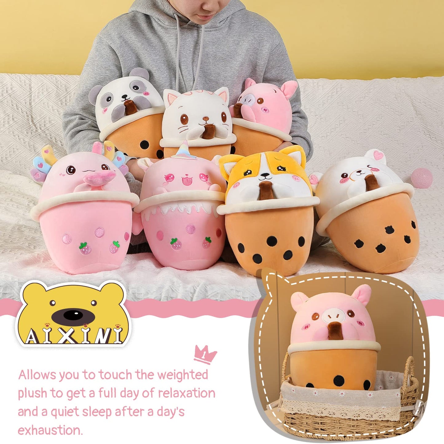 25 CM / 10 inch Cute Pig Boba Plush Stuffed Soft Animal Bubble Tea Pillow, Super Soft Cartoon Hug Toy Bedding Gift, Children's Sleeping Kawaii Pillow