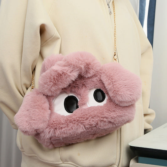 Pink new winter ins style plush bag for women cute big-eyed puppy tote bag shoulder bag furry crossbody bag