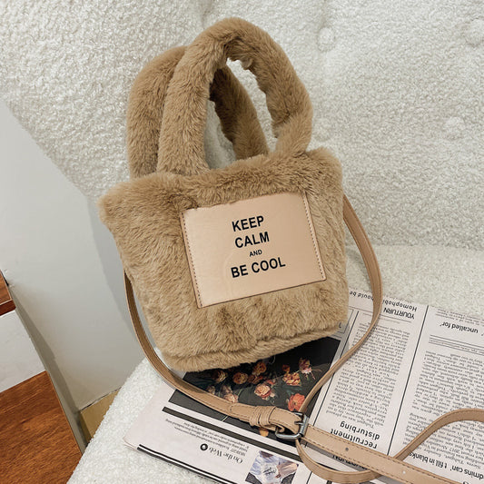 16 CM / 6 inch Khaki plush bag women's 2024 spring new plush bucket fur bag trendy personality sexy portable crossbody shoulder bag