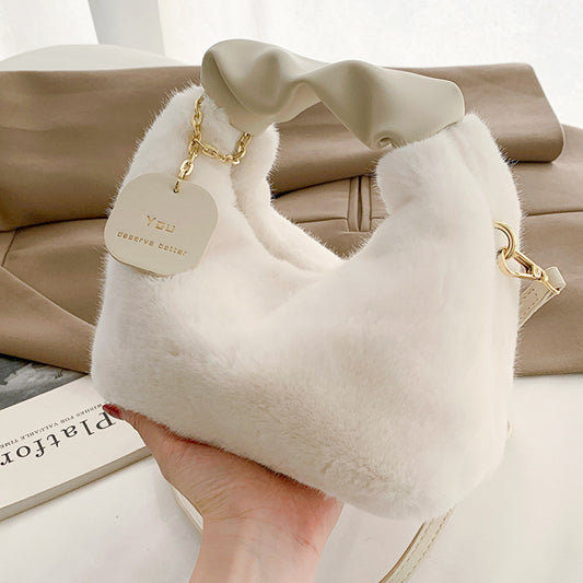 16 CM / 6 inch Off-White - New Plush Texture 2024 Trendy Personalized Large Capacity Fashionable Winter Furry Crossbody Shoulder Hand Carrying Women's Bag