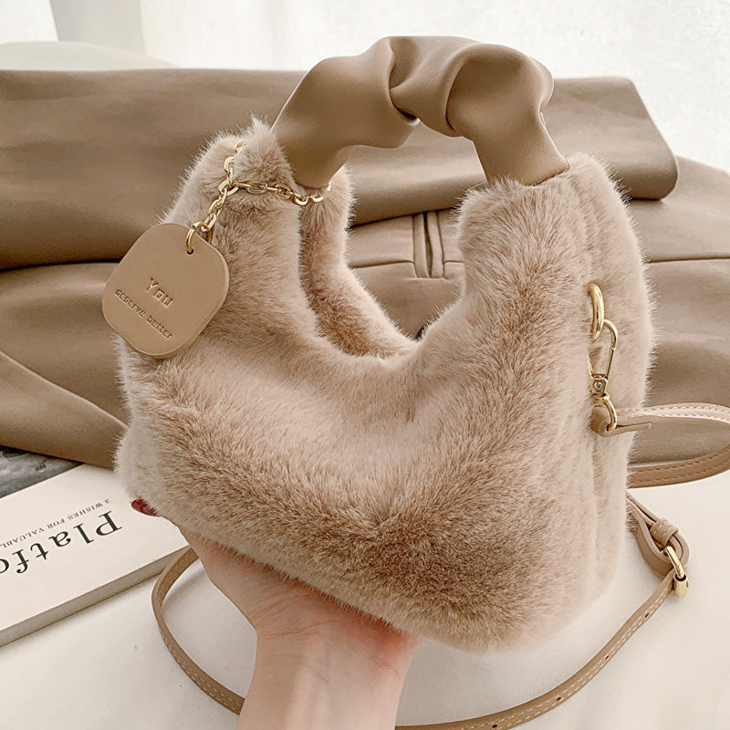 16 CM / 6 inch Khaki - New plush texture 2024 trendy personalized large-capacity fashionable winter fur crossbody shoulder bag for women