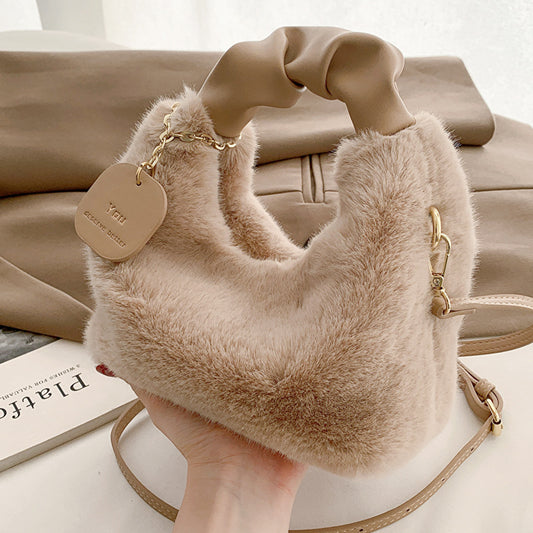 16 CM / 6 inch Khaki - New plush texture 2024 trendy personalized large-capacity fashionable winter fur crossbody shoulder bag for women