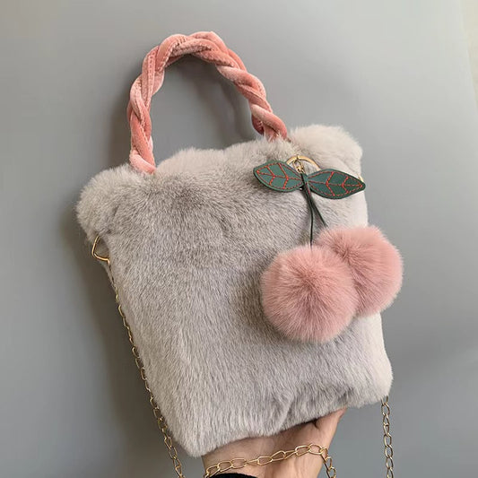 Gray - Plush Cherry Bag Women's Handbag Handbag Cute Cherry Jewelry Shoulder Crossbody Chain Bucket Bag