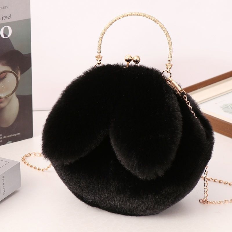 Black - Cute Rabbit Shoulder Clip Plush Bag Messenger Bag Women's New Rabbit Ears Hand-held Plush Chain Small Bag