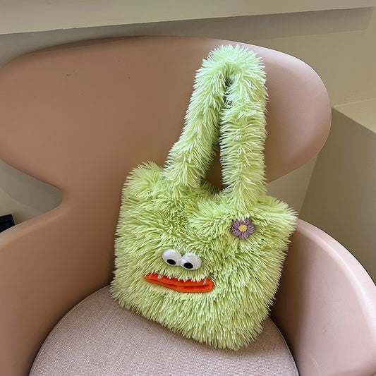 Green - 2024 New Big Mouth Long Hair Bag Cute Funny Big Mouth Handbag Plush Shoulder Small Square Bag Armpit Bag for Women