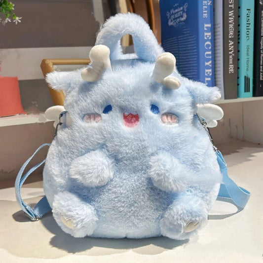 Large Squatting Dragon Backpack (Blue) - Super Cute Pink Squatting Dragon Small School Bag Plush Cartoon Large Capacity Japanese Ins Cute Fat Dragon Backpack