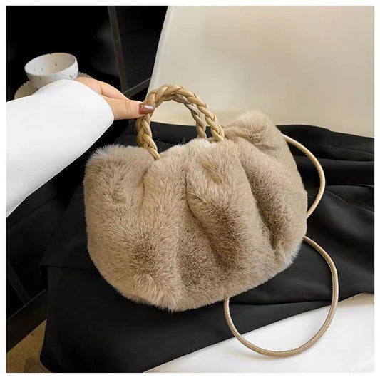 Dark coffee color - 2024 new shoulder chain handbag autumn and winter women's bag armpit bag furry cloud plush bag Korean style fashion bag