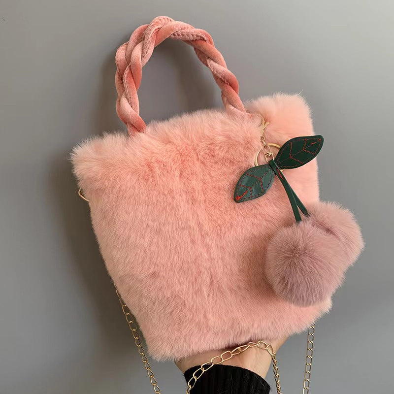 Pink - Plush Cherry Bag Women's Handbag Handbag Cute Cherry Jewelry Shoulder Crossbody Chain Bucket Bag