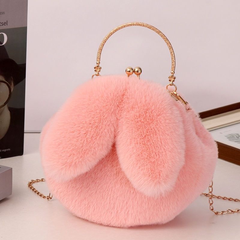 Pink - Cute rabbit shoulder clip plush bag crossbody bag for women new rabbit ears portable plush chain small bag
