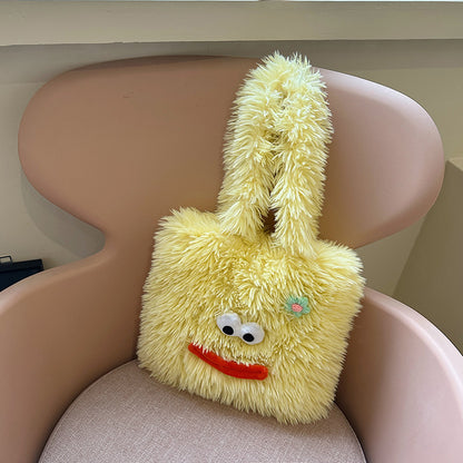 Yellow - 2024 New Big Mouth Long Hair Bag Cute Funny Big Mouth Handbag Plush Shoulder Small Square Bag Armpit Bag for Women