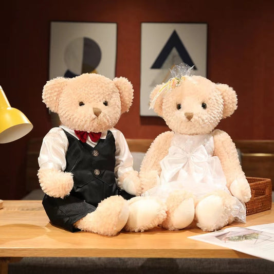 Wedding Dress - Red Plaid Wedding Gift Couple Teddy Bear Plush Toy Doll Magnet Bear