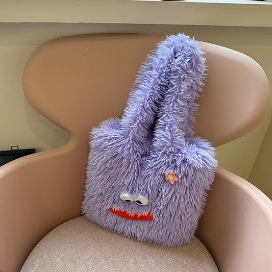 Purple - 2024 New Big Mouth Long Hair Bag Cute Funny Big Mouth Handbag Plush Shoulder Small Square Bag Armpit Bag for Women