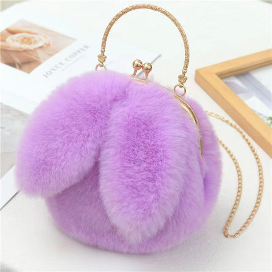 Purple - Cute rabbit shoulder clip plush bag crossbody bag for women new rabbit ears portable plush chain small bag