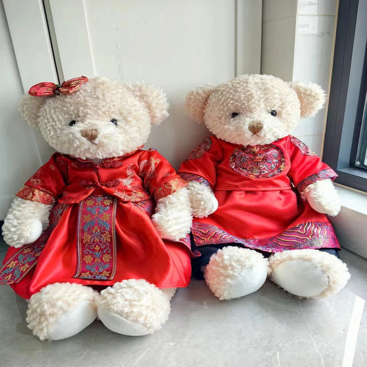 Red Tang Suit - Red Plaid Wedding Gift Couple Teddy Bear Plush Toy Doll Magnet Bear