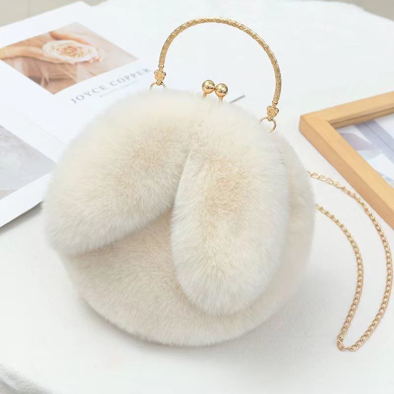 White - Cute Rabbit Shoulder Clip Plush Bag Crossbody Bag Women's New Rabbit Ears Hand-held Plush Chain Small Bag