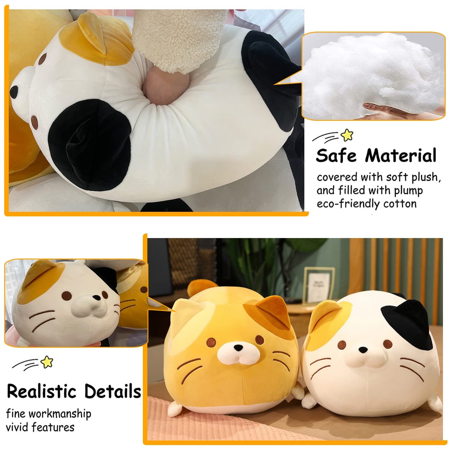 Cute Cat Plush Pillow Filled Soft Animal Cylindrical Pillow, Super Soft Fat Cat Chubby Kitten Sleeping Kawaii Pillow - White
