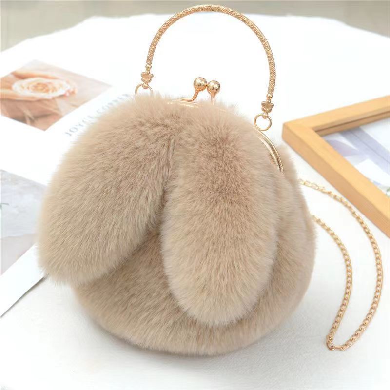 Khaki - Cute rabbit shoulder clip plush bag crossbody bag for women new rabbit ears portable plush chain small bag