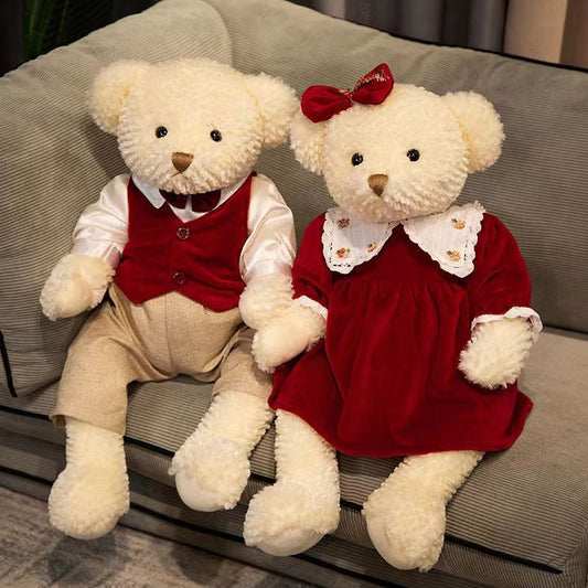 Red Vest - Red Plaid Wedding Gift Couple Teddy Bear Plush Toy Doll Magnet Bear