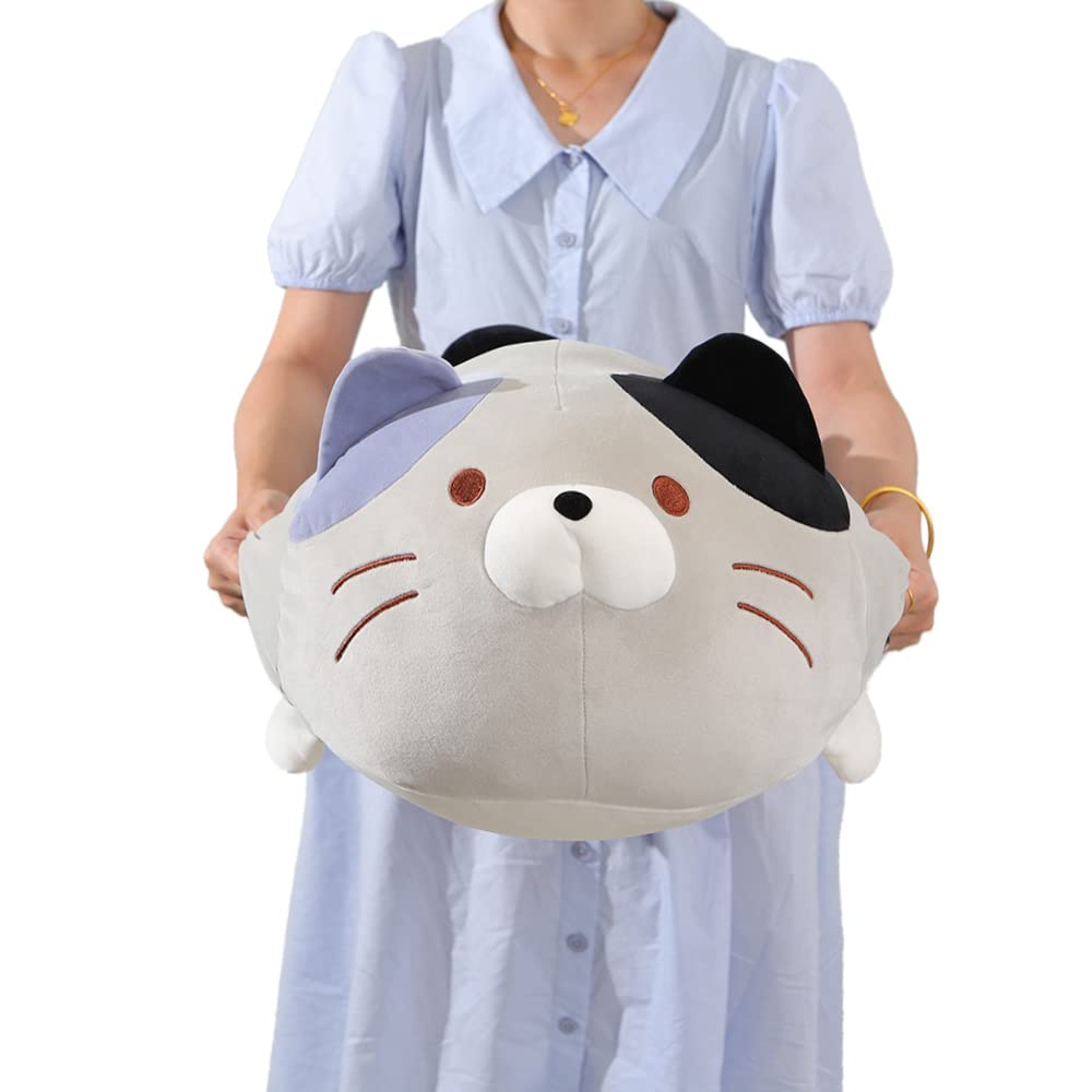 Cute Grey Cat Plush Pillow Filled Soft Animal Cylindrical Pillow, Super Soft Fat Cat Chubby Kitten Sleeping Kawaii Pillow