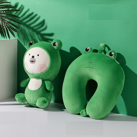 52CM / 20 inch Green Bear Dundun-Frog Deformable U-Shaped Pillow Cartoon Particle Pillow Deformable Pillow Doll Two-in-One Dual-Purpose Pillow U-Shaped