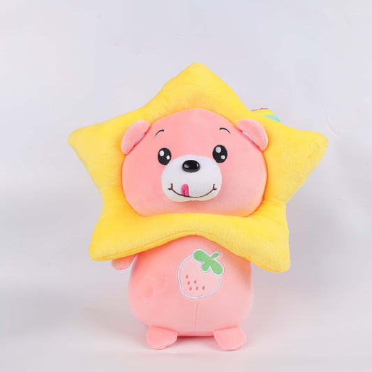 Pink stuffed bear in sparkly yellow star suit