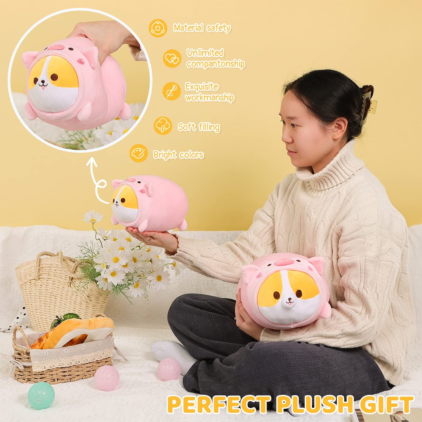 Cute Pink Pig Corgi Plush Pillow Piggy Shiba Inu Stuffed Animal, Soft Kawaii Corgi with Pig Costume, Hug Plush Soft Pillow Toy, Gift for Kids