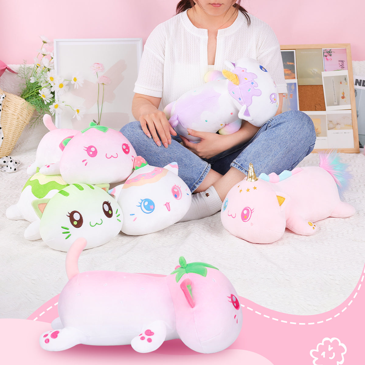 13.75 Inch Pink Cute Strawberry Cat Plush Pillow Cat Stuffed Animal, Soft Cute Cat Plush Kids Gift