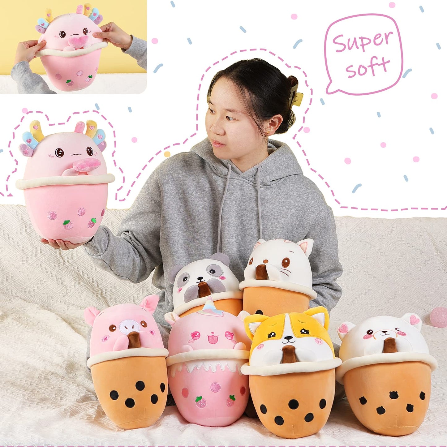 25 CM / 10 inch Axolotl Boba Plush Toy Bubble Tea Stuffed Animal Cute Soft Boba Milk Tea Food Plush Toy